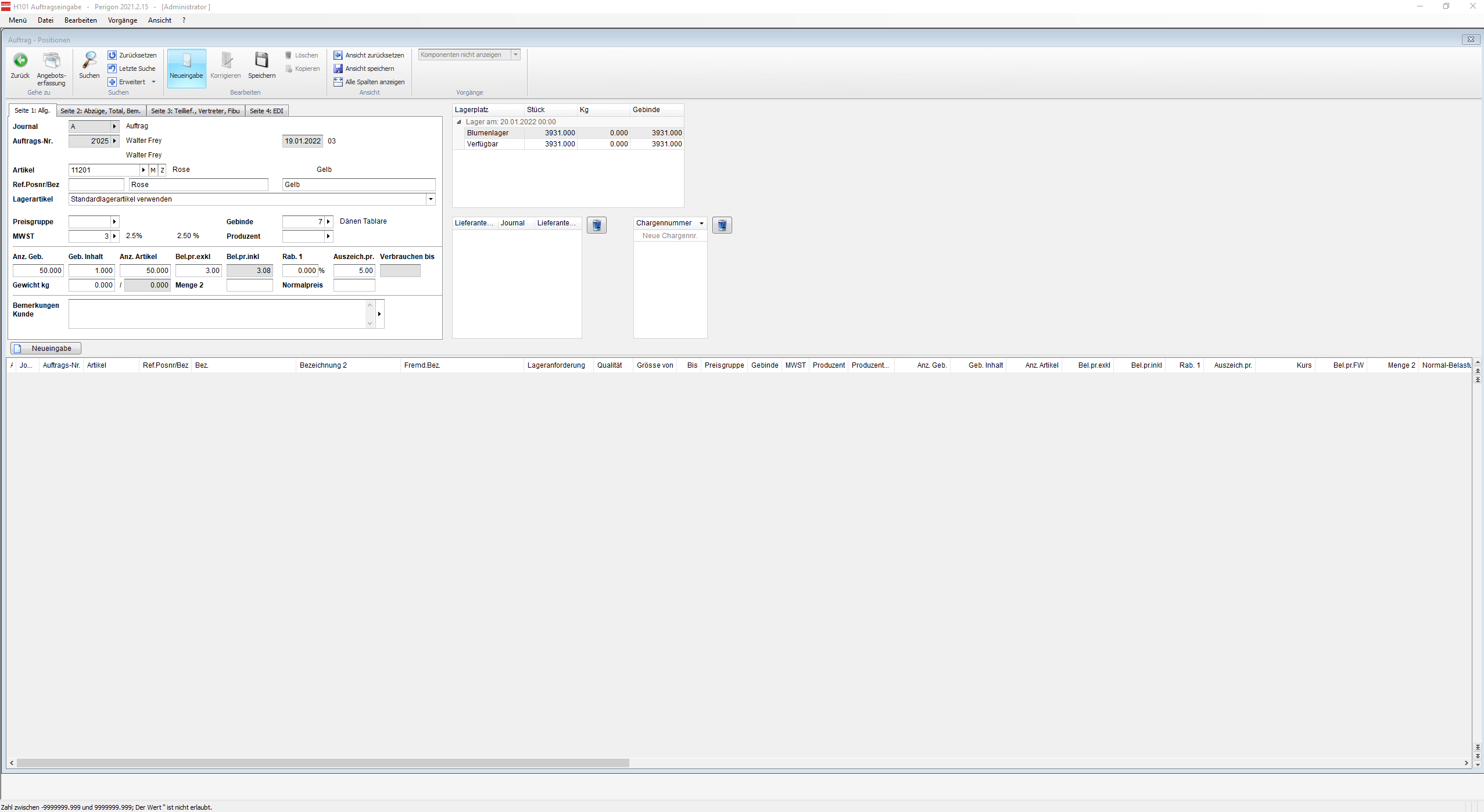Auftragseingabe Artikel